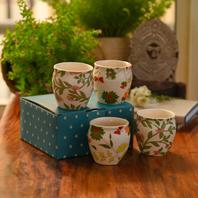 Set of 4 stoneware Kullar | Diwali Gift Box | Bird Floral collection