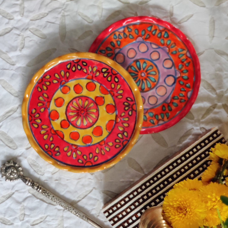 Handprinted Coaster Set- Phulwari (Set of 2)