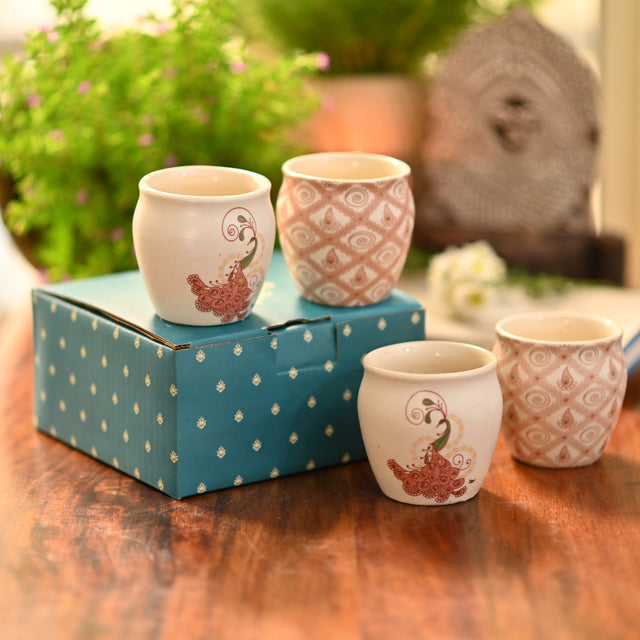 Set of 4 stoneware Kullar | Diwali Gift Box | Rose & Peacock collection